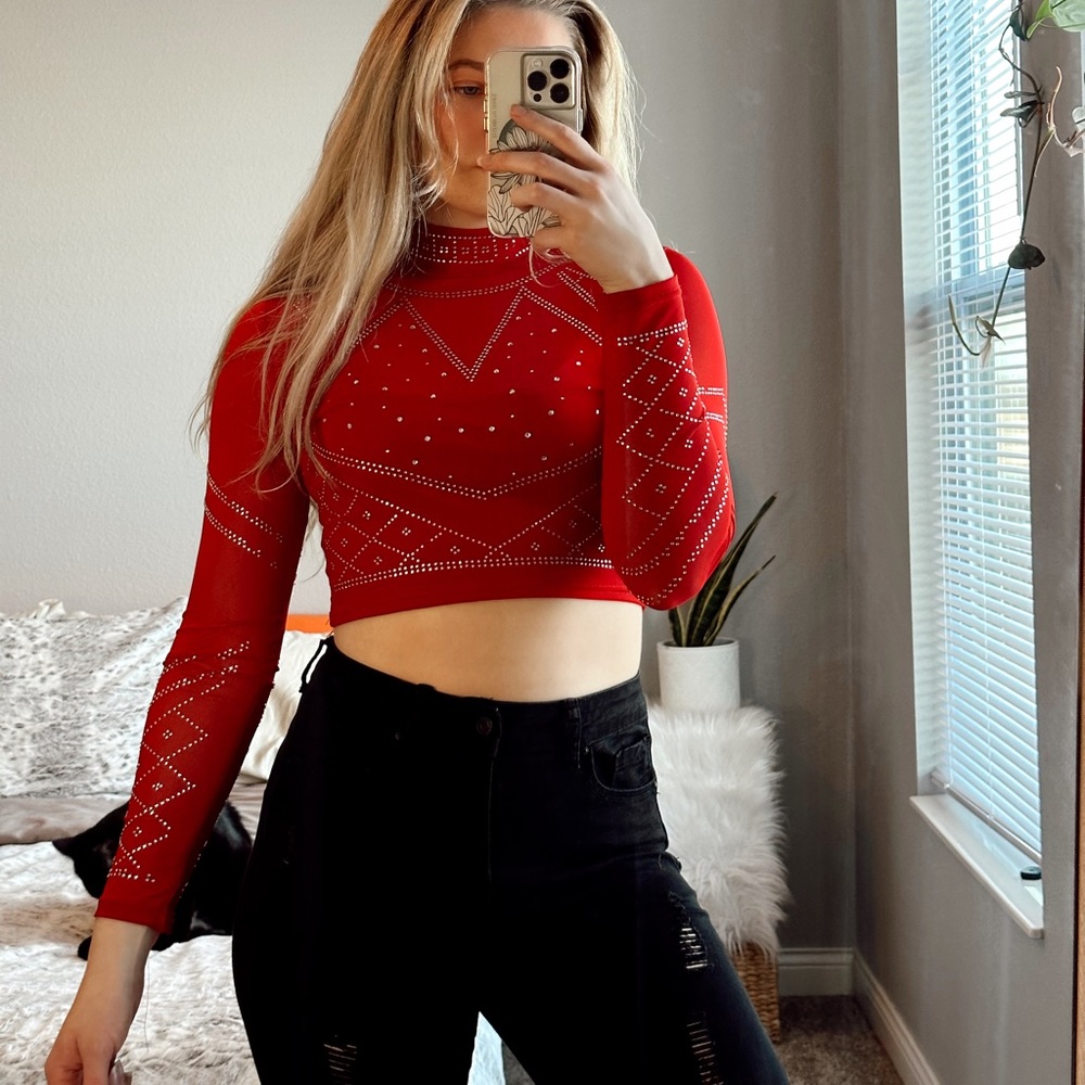 Red mesh long sleeve rhinestone top
